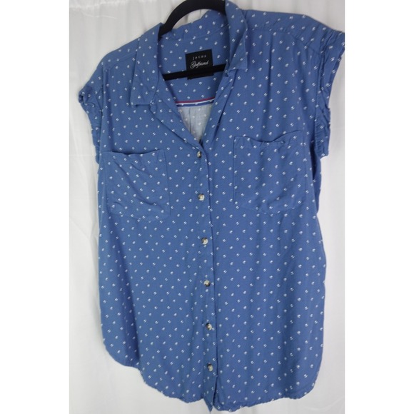 JACHS Girlfriend Blue Shirt L Cottagecore Sleeveless Chambray Floral Blouse - Picture 3 of 6